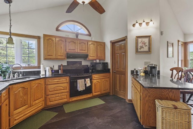 kitchen with pendant lighting, a healthy amount of sunlight, exhaust hood, and high vaulted ceiling