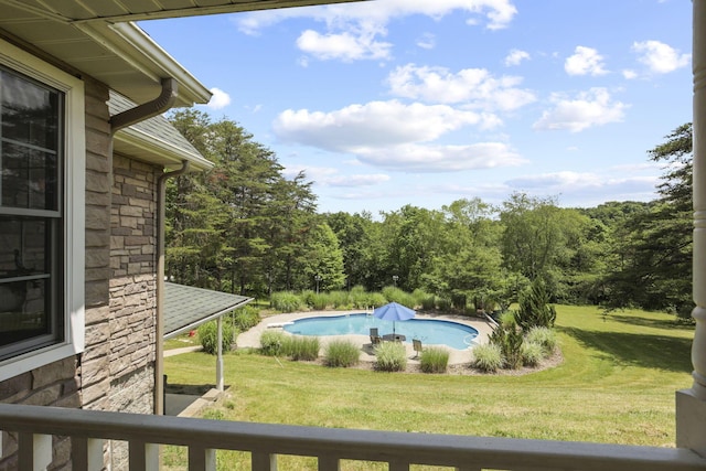 view of pool featuring a lawn