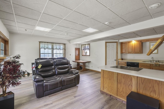 living room featuring a drop ceiling, light hardwood / wood-style floors, and sink