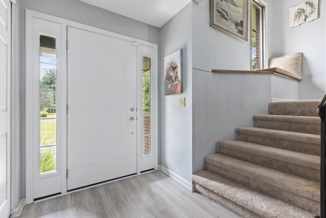 foyer entrance featuring light wood-type flooring and a healthy amount of sunlight