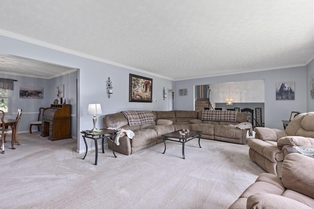 carpeted living room featuring a textured ceiling and ornamental molding