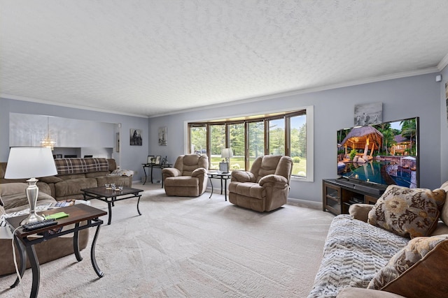 living room featuring light colored carpet, ornamental molding, and a textured ceiling