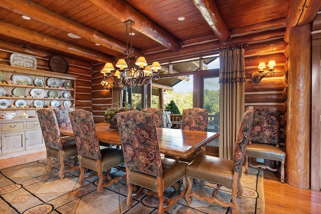 dining room with beam ceiling, rustic walls, an inviting chandelier, light hardwood / wood-style flooring, and wood ceiling