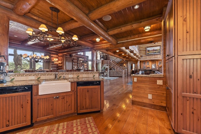 kitchen featuring beamed ceiling, light wood-type flooring, wooden ceiling, and an inviting chandelier