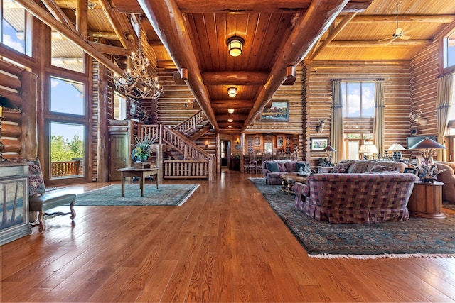 unfurnished living room with rustic walls, wood ceiling, and wood-type flooring