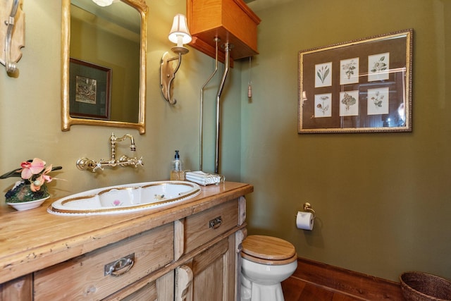 bathroom featuring hardwood / wood-style flooring, vanity, and toilet