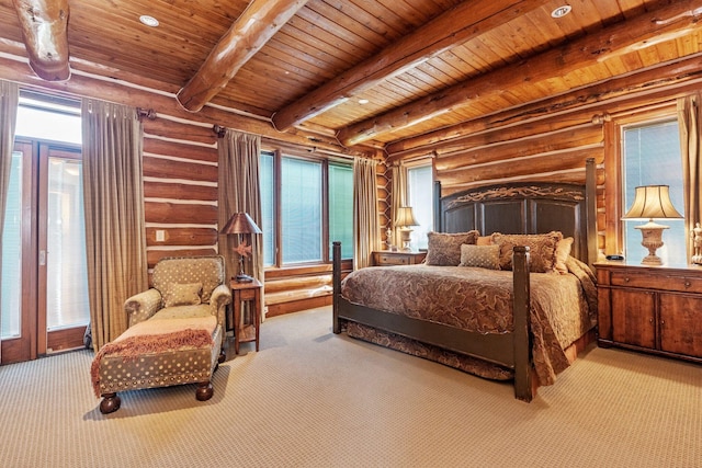 bedroom featuring log walls, beam ceiling, light carpet, and wood ceiling