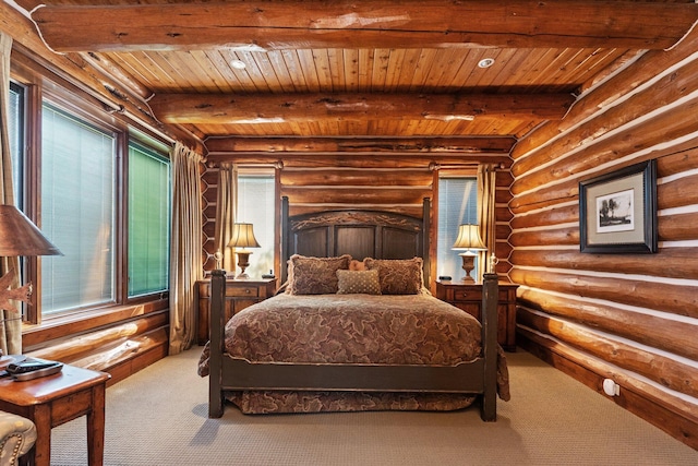 carpeted bedroom featuring rustic walls, beamed ceiling, and multiple windows