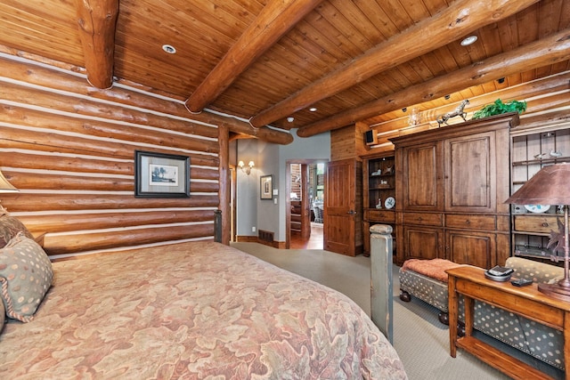 bedroom featuring beam ceiling, rustic walls, and wood ceiling