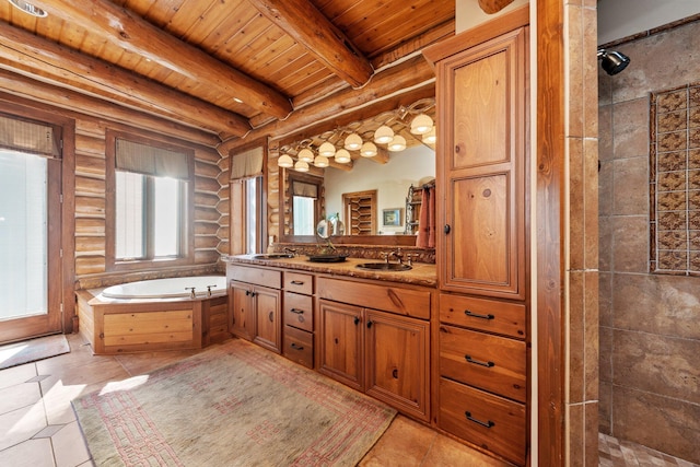 bathroom with beam ceiling, wood ceiling, log walls, and separate shower and tub