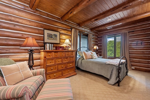 bedroom with beam ceiling, light colored carpet, wooden ceiling, and log walls