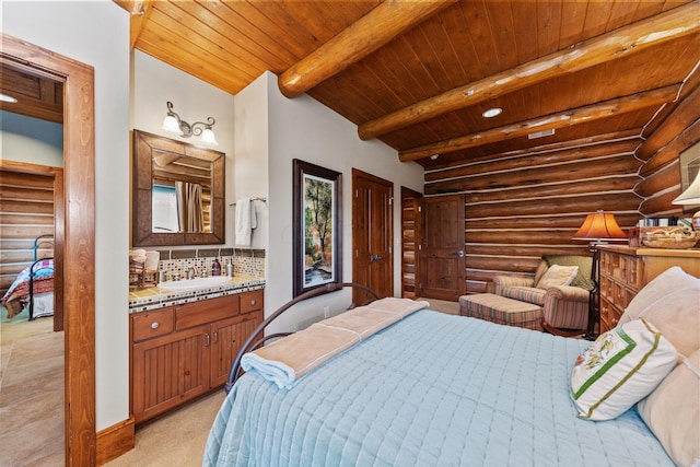 bedroom featuring sink, log walls, and wooden ceiling