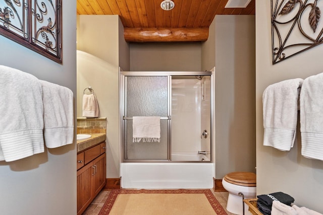 full bathroom featuring wooden ceiling, tile patterned floors, bath / shower combo with glass door, toilet, and vanity