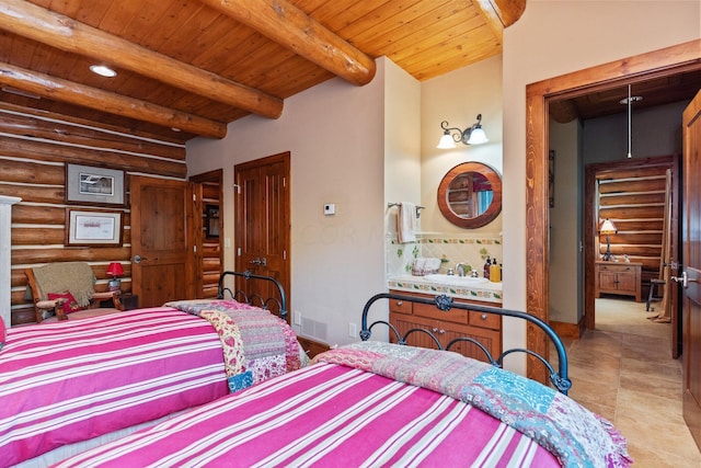 bedroom with beam ceiling, light tile patterned floors, wood ceiling, and log walls