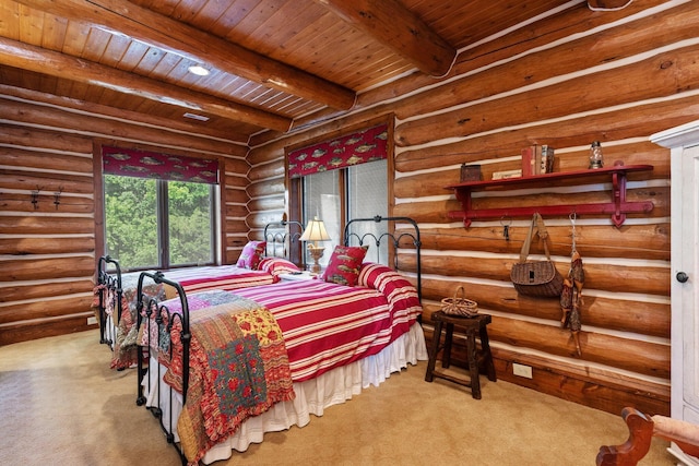 bedroom with beamed ceiling, wooden ceiling, light carpet, and log walls