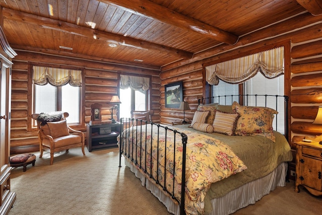 carpeted bedroom featuring beamed ceiling, rustic walls, and wooden ceiling