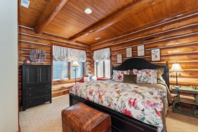 bedroom featuring log walls, beam ceiling, light carpet, and wood ceiling