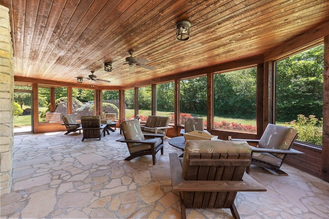 sunroom / solarium featuring ceiling fan and wooden ceiling