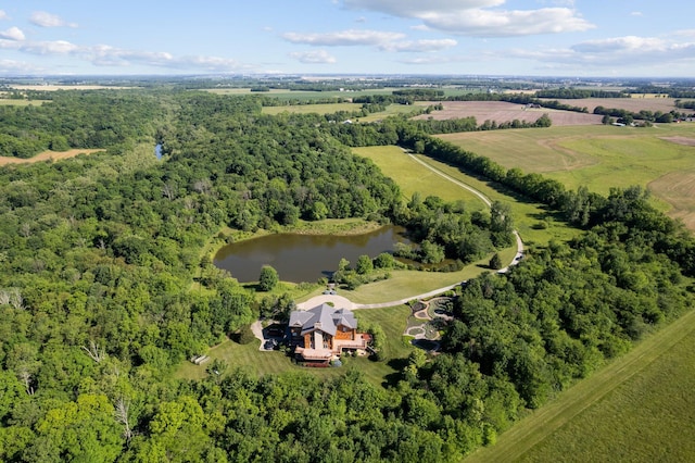 bird's eye view featuring a water view and a rural view