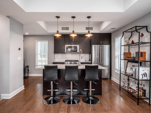 kitchen featuring stainless steel appliances, a raised ceiling, hanging light fixtures, and an island with sink