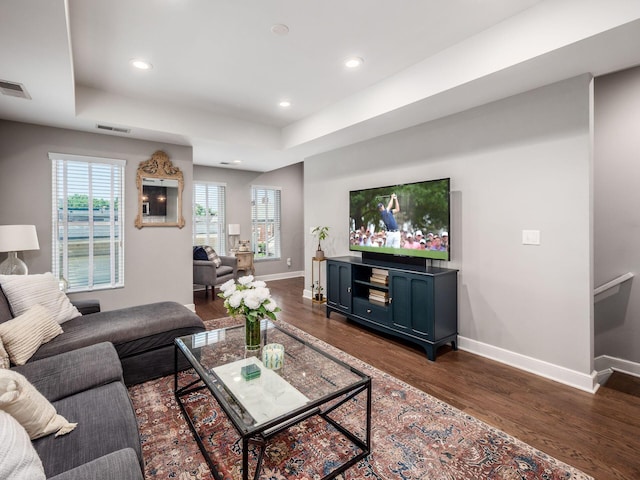 living room featuring dark hardwood / wood-style flooring and a raised ceiling