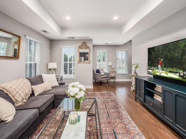 living room with hardwood / wood-style flooring and a tray ceiling