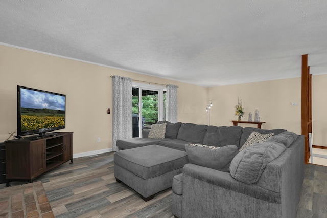 living room featuring a textured ceiling and dark wood-type flooring