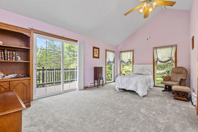 bedroom featuring access to outside, ceiling fan, a baseboard heating unit, high vaulted ceiling, and carpet floors