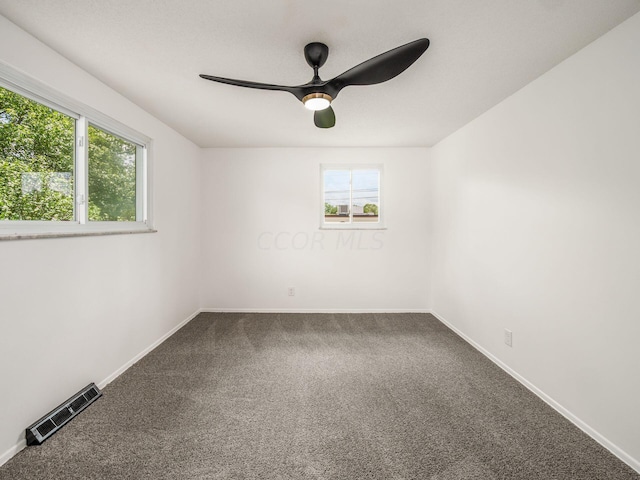 spare room featuring ceiling fan, a healthy amount of sunlight, and carpet floors