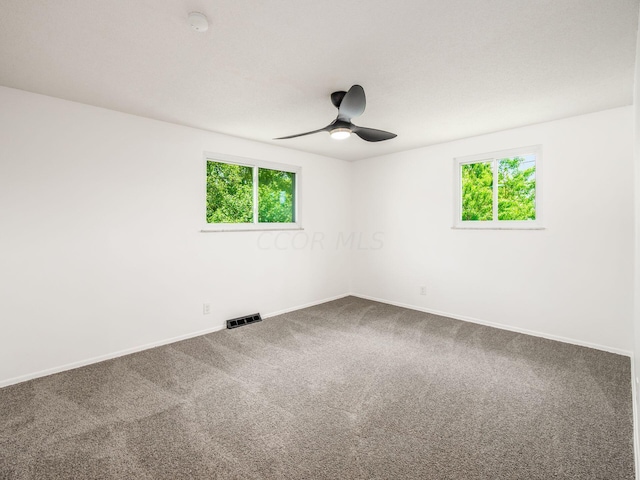 carpeted spare room featuring plenty of natural light and ceiling fan