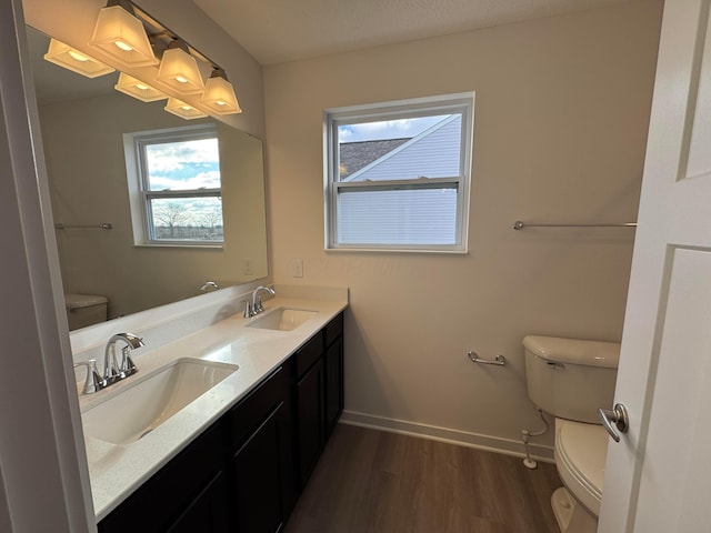 bathroom with vanity, toilet, and wood-type flooring