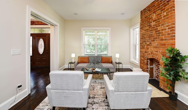 living room featuring a fireplace and dark wood-type flooring