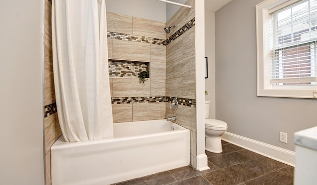 bathroom with tile patterned flooring, toilet, and shower / tub combo with curtain