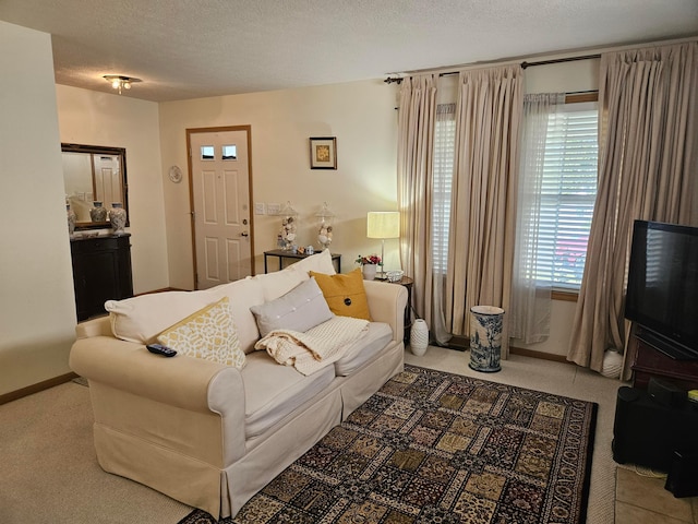 carpeted living room featuring a textured ceiling