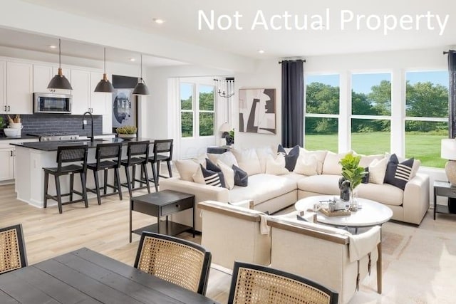 living room featuring plenty of natural light and light hardwood / wood-style floors