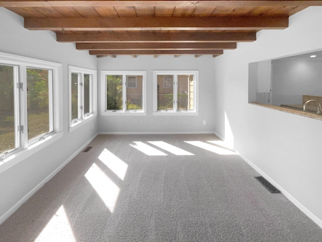 interior space featuring beam ceiling, a wealth of natural light, and wood ceiling