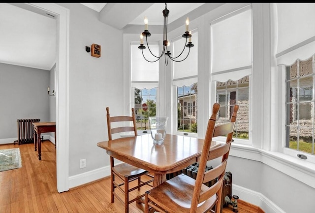 dining space featuring radiator heating unit, light hardwood / wood-style floors, and an inviting chandelier