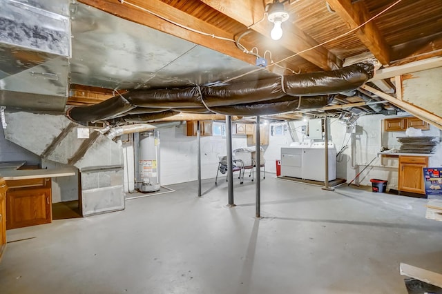 basement featuring separate washer and dryer, electric panel, and gas water heater