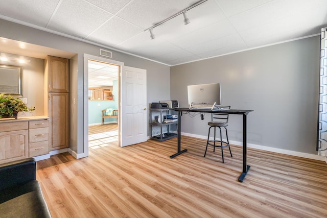 office featuring crown molding and light hardwood / wood-style floors