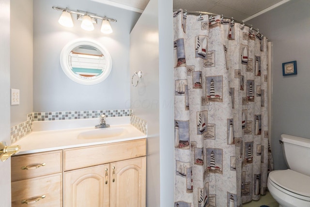 bathroom with tasteful backsplash, vanity, walk in shower, and toilet