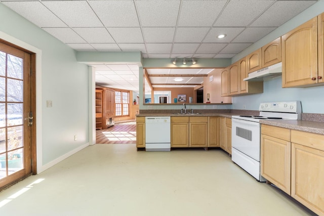 kitchen with sink, light brown cabinets, a drop ceiling, and white appliances