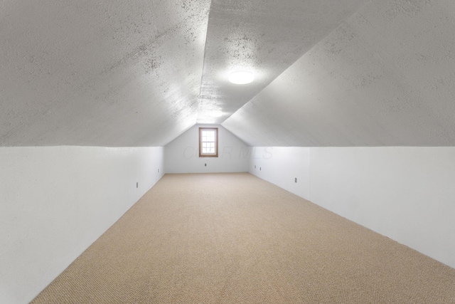 additional living space featuring light carpet, lofted ceiling, and a textured ceiling