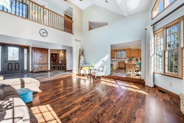 living room with wood-type flooring and a healthy amount of sunlight