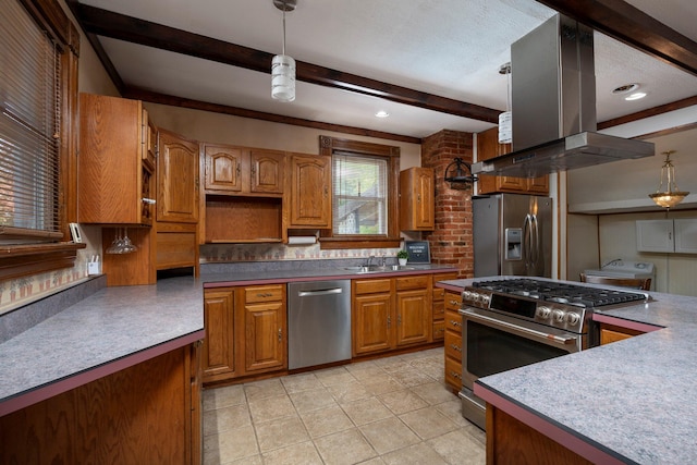 kitchen featuring sink, stainless steel appliances, beamed ceiling, island exhaust hood, and decorative light fixtures