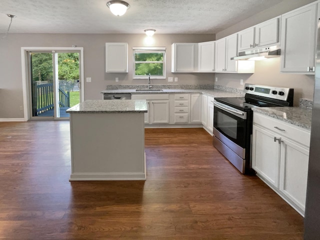 kitchen with white cabinets, appliances with stainless steel finishes, dark hardwood / wood-style floors, and light stone counters