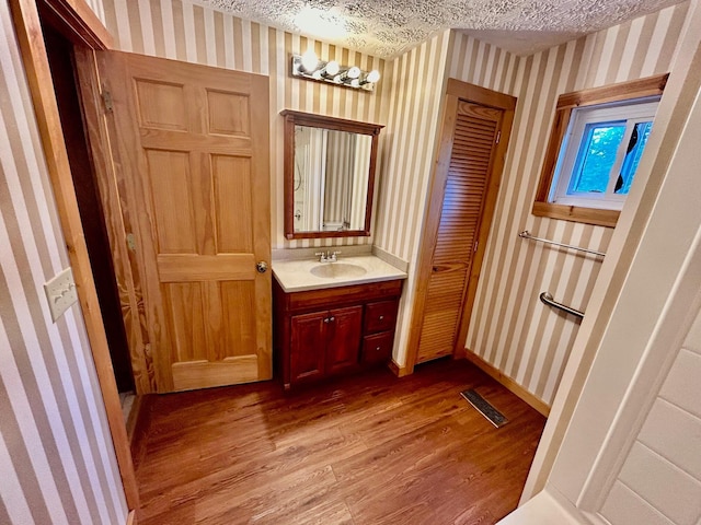 bathroom with vanity, wood-type flooring, and a textured ceiling