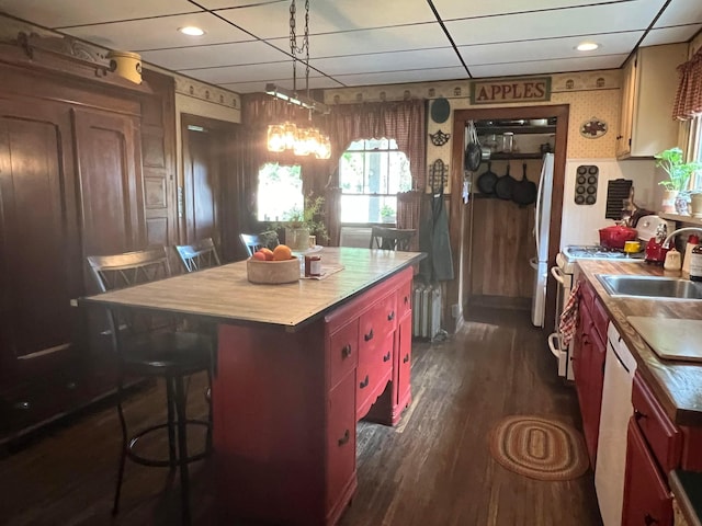 kitchen featuring wood counters, white appliances, dark wood-type flooring, sink, and a kitchen island