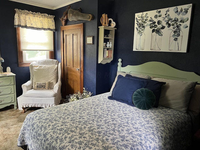 bedroom with carpet floors and ornamental molding