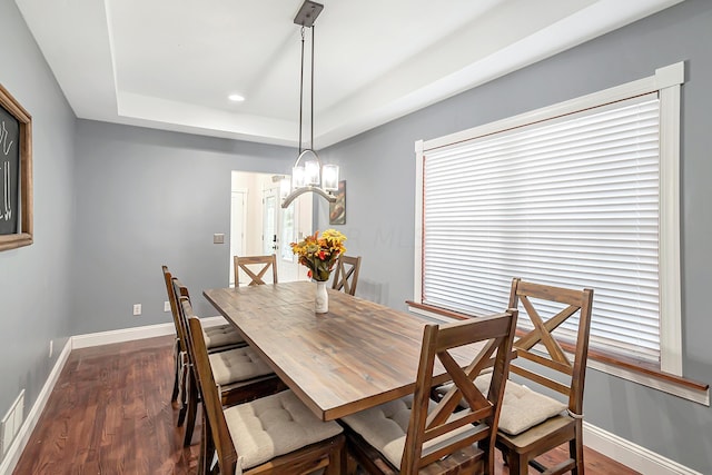 dining room with a raised ceiling and dark hardwood / wood-style floors