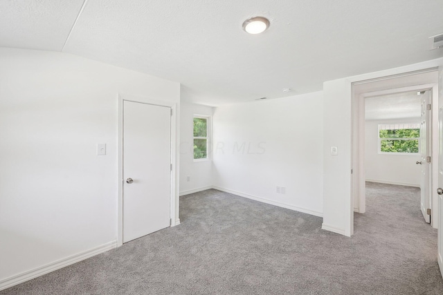 empty room with light colored carpet, plenty of natural light, and lofted ceiling